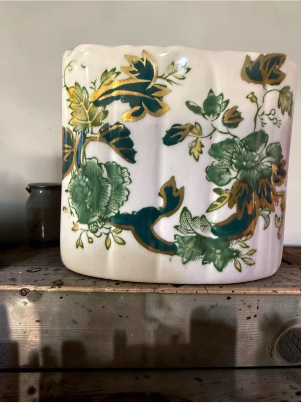 Vintage Mason’s Patent Ironstone Chartreuse Vase Green Gold Floral Made in Engla